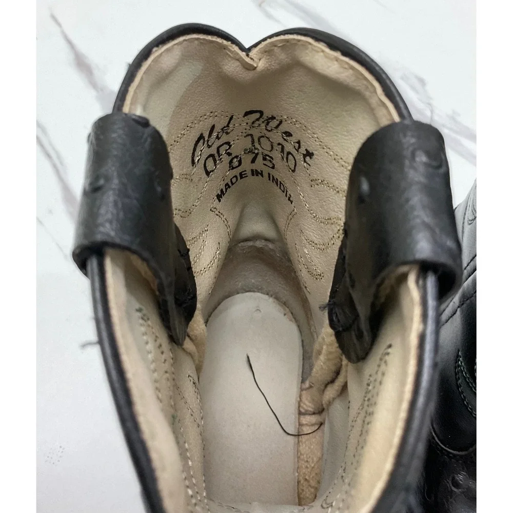 Old West Kids Black Faux Ostrich‎ Western Cowboy Boots Round Toe Size 7.5 2010